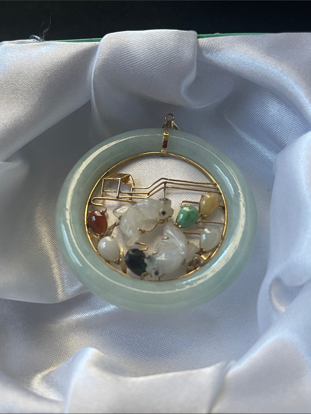Handcrafted vintage  Light Green Jade Disc Pendant with Multicolor jade Stones.